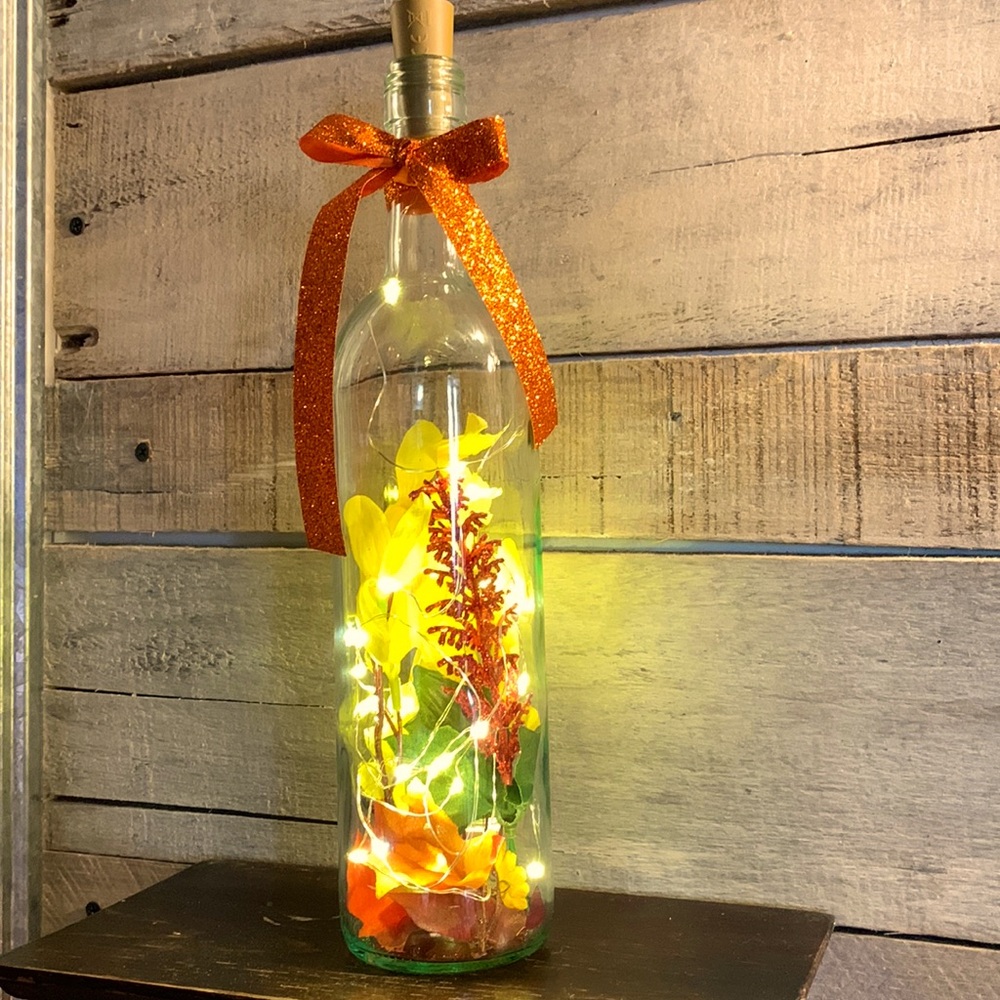 Hand Crafted-fall floral stuffed wine bottle with cork top fairy lights